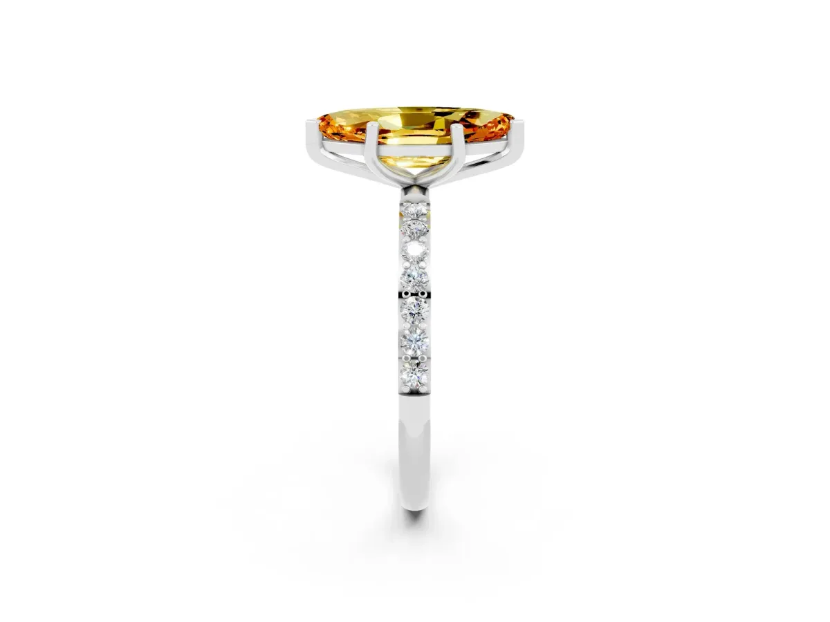 Marquise Cut Citrine Solitaire Ring with Round Pavé Band and Prong Setting Silver