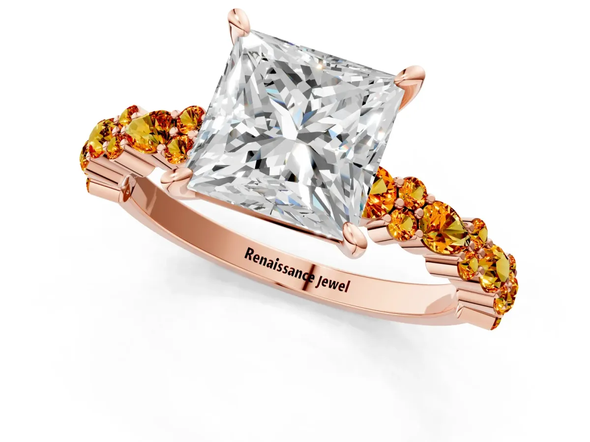 Princess Cut Diamond Side Stone Solitaire Ring with Round Citrine and Four-Prong Setting Rose gold