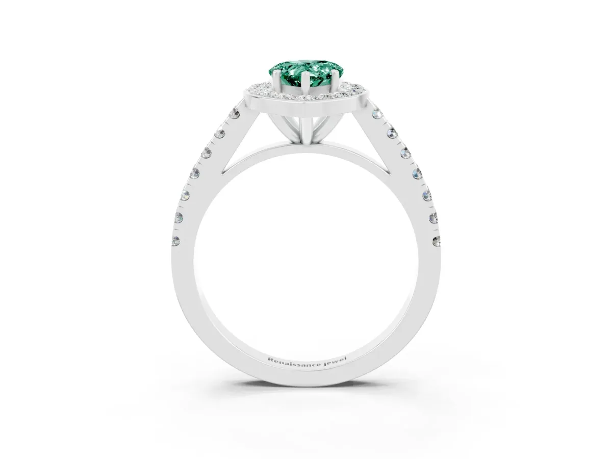 Pear Cut Green Sapphire Halo Ring with Round Pavé Split Shank and Prong Setting Platinum