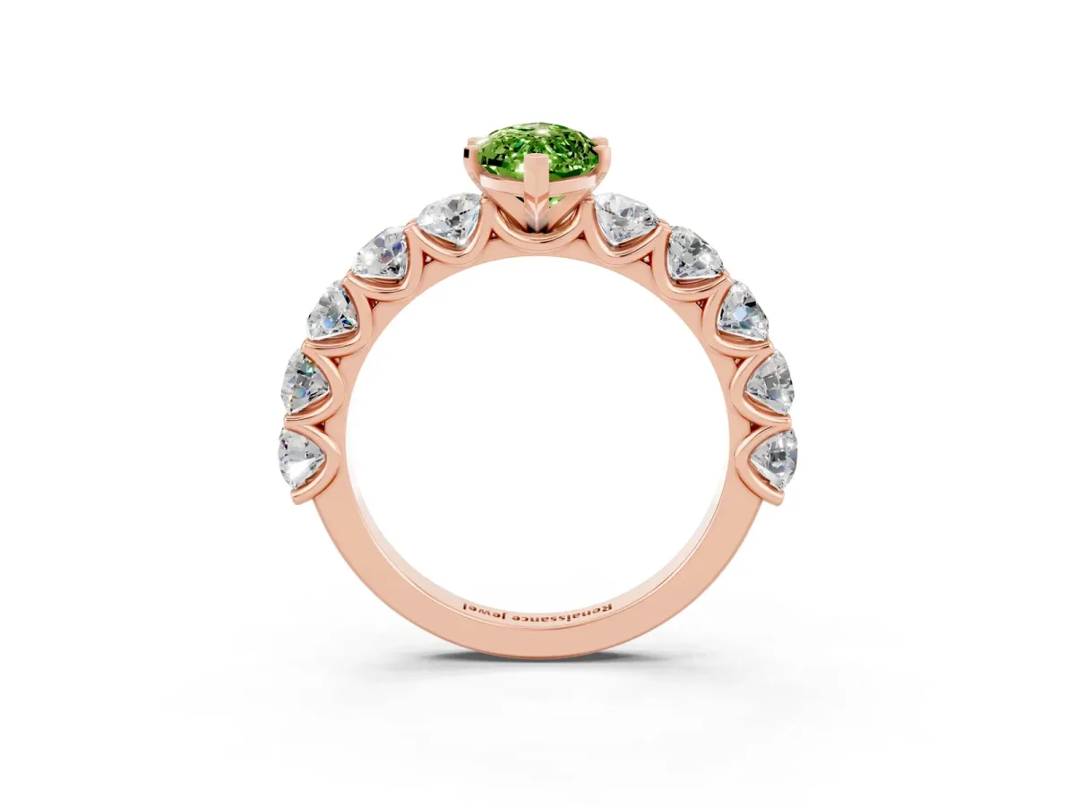Marquise Cut Peridot Prong Setting with Side Stones on a Pave Band Rose gold