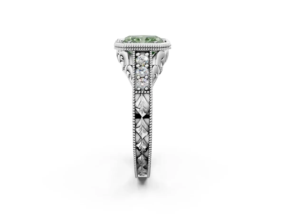 Fancy Green Bezel Set Radiant Cut Diamond Milgrain Pave Engagement Ring Platinum