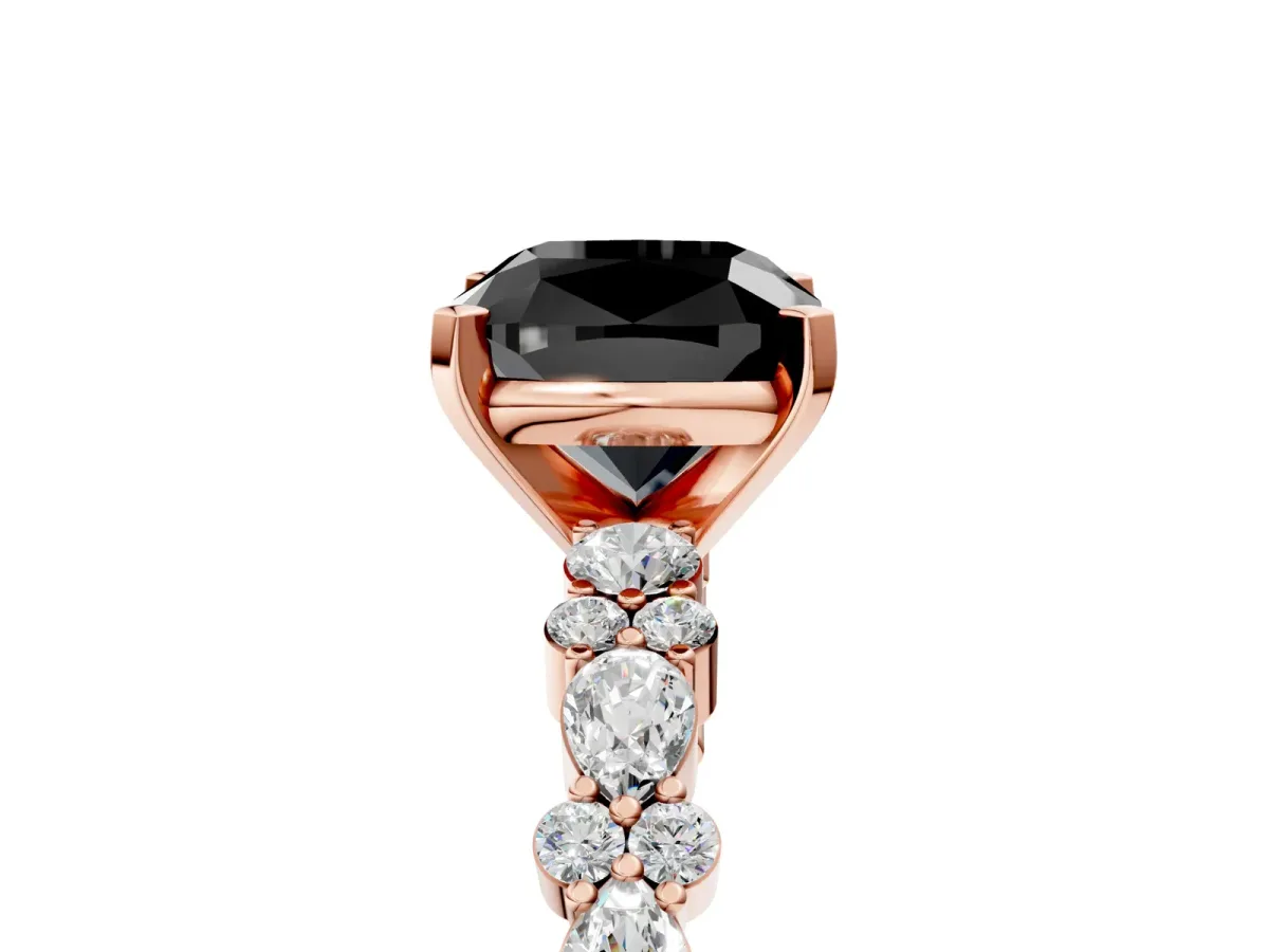 Fancy Black Cushion Cut Diamond Side Stone Solitaire Ring with Round and Four-Prong Setting Rose gold