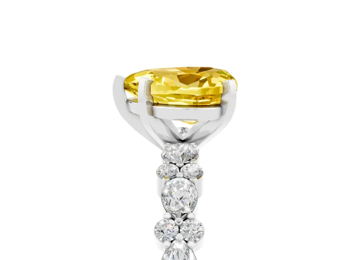Heart Cut Yellow Sapphire Side Stone Solitaire Ring with Round and Four-Prong Setting Silver