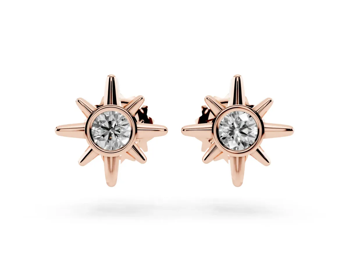 Round Diamond Sol Starburst Stud Earrings Rose gold