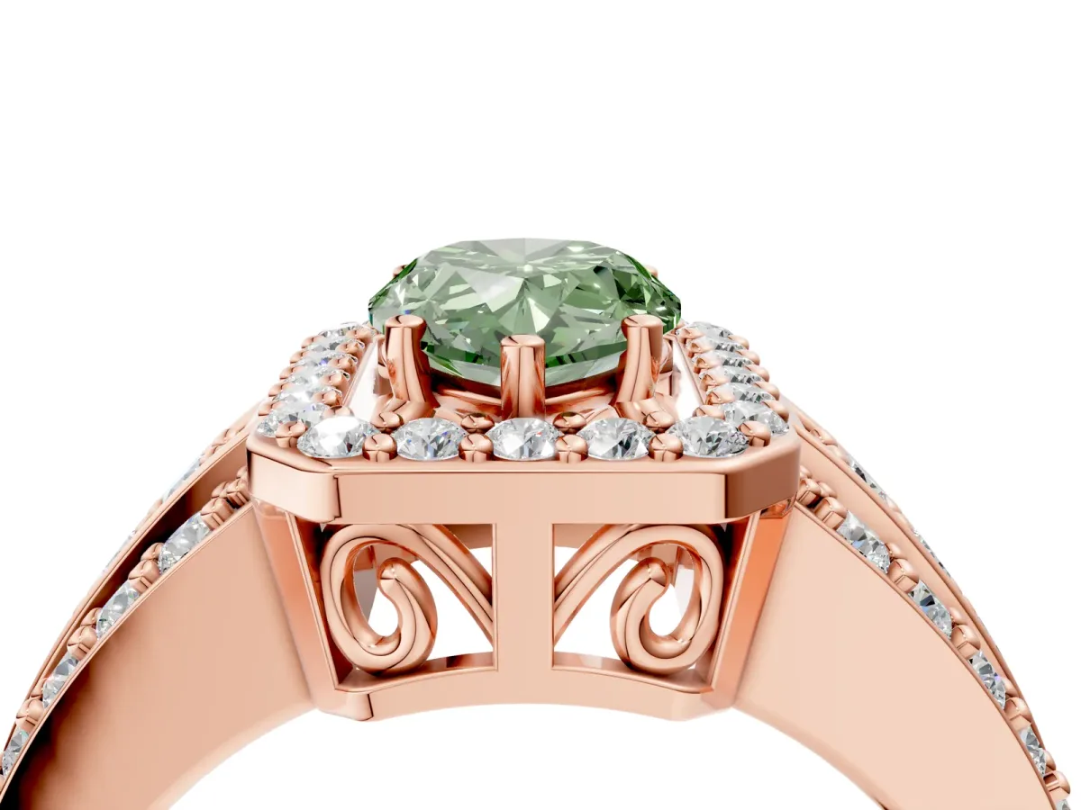 Fancy Green Pear Cut Halo Diamond Ring with Round Split Shank and Prong Setting Rose gold