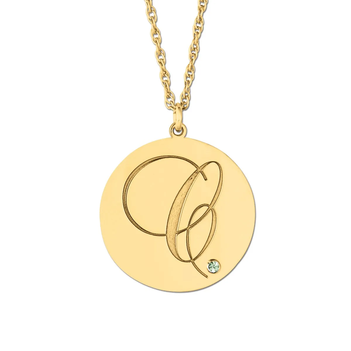 Gold Script Initial Pendant with Round Gemstone Bezel Setting Silver