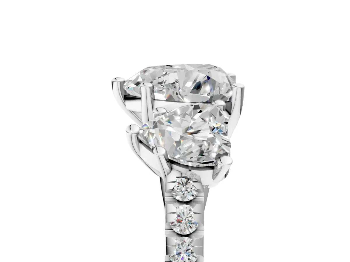 Three-Stone Heart Cut Diamond Ring with Round Moissanite Pavé Band and Prong Setting Silver