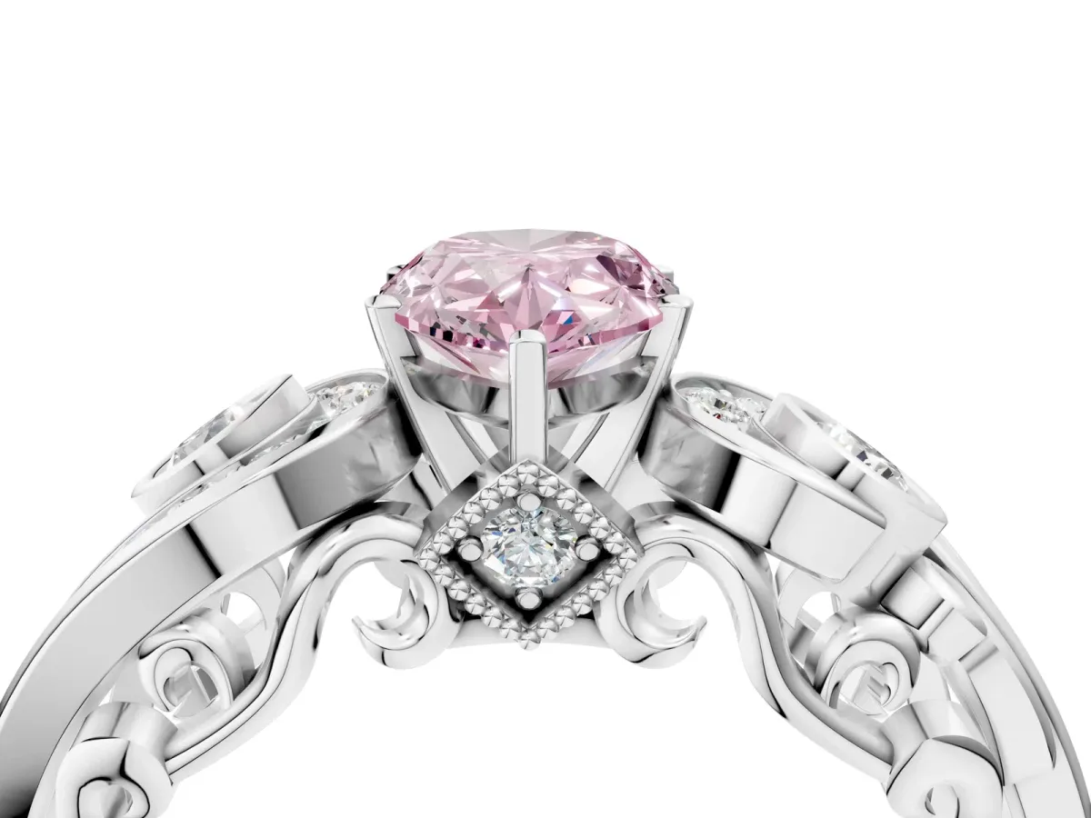 Fancy Pink Pear Cut Diamond Solitaire Ring with Milgrain Pavé Band and Four-Prong Setting Silver