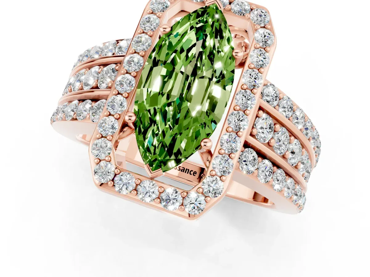 Marquise Cut Halo Peridot Ring with Round Split Shank and Prong Setting Rose gold