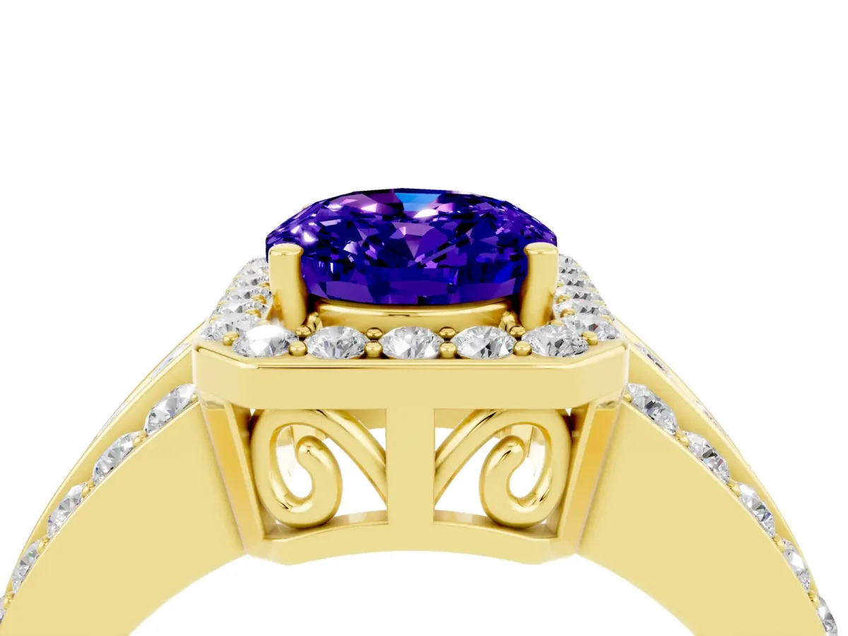 Oval Cut Halo Tanzanite Ring with Round Split Shank and Prong Setting Yellow gold