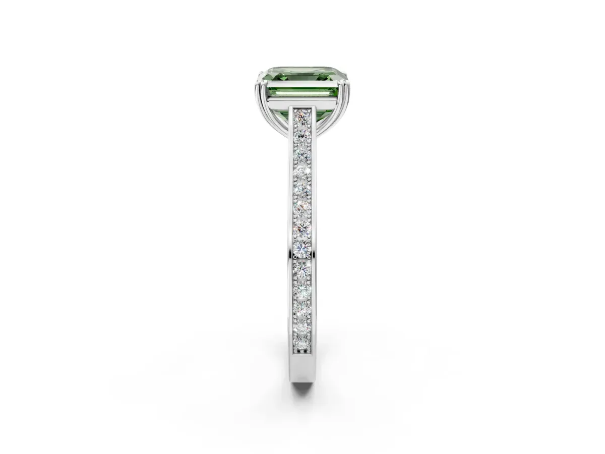 Fancy Green Asscher Cut Diamond Solitaire with Pave Band and Six-Prong Setting Platinum
