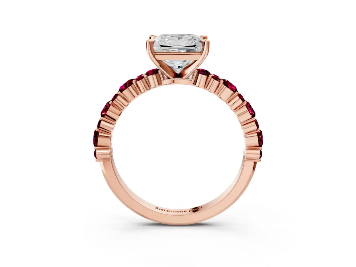 Princess Cut Diamond Side Stone Solitaire Ring with Round Garnet and Four-Prong Setting Rose gold