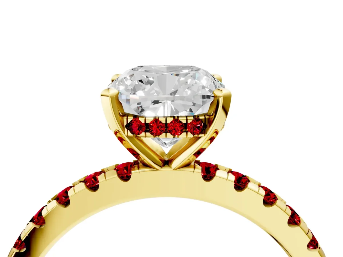Cushion Cut Diamond Solitaire Ring with Round Ruby Pavé Band and Four-Prong Setting Yellow gold