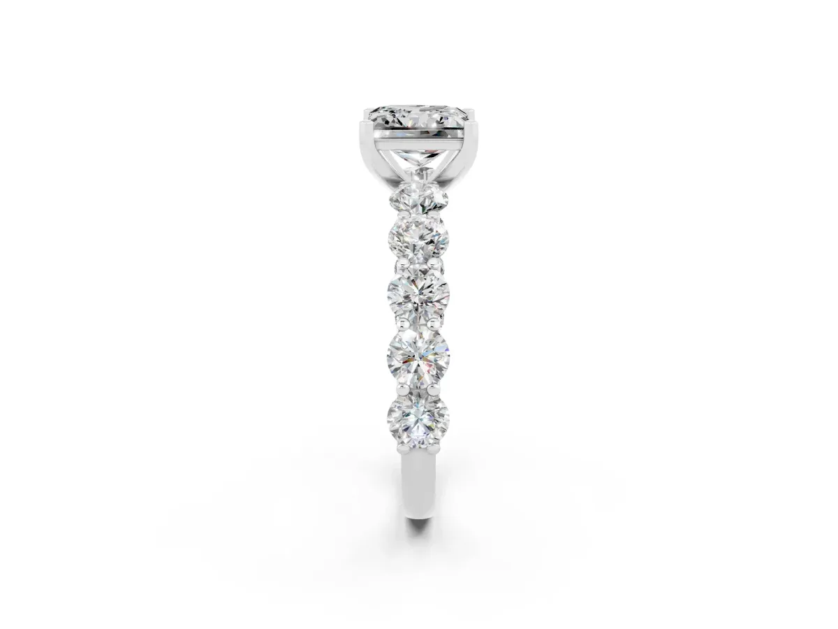 Princess Cut Moissanite Prong Setting with Side Stones on a Pave Band Silver