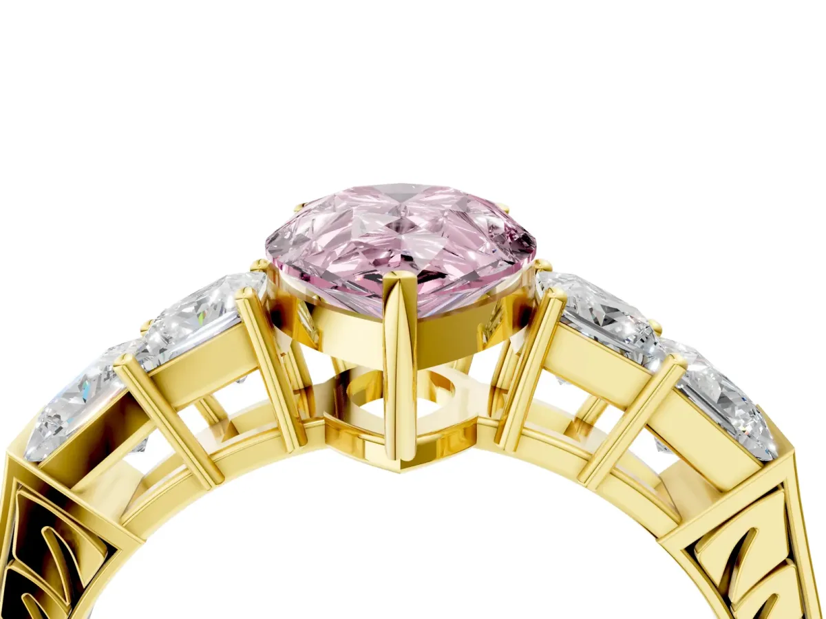 Fancy Pink Pear Cut Solitaire Princess Side Stone Engraved Band Prong Setting Ring Yellow gold