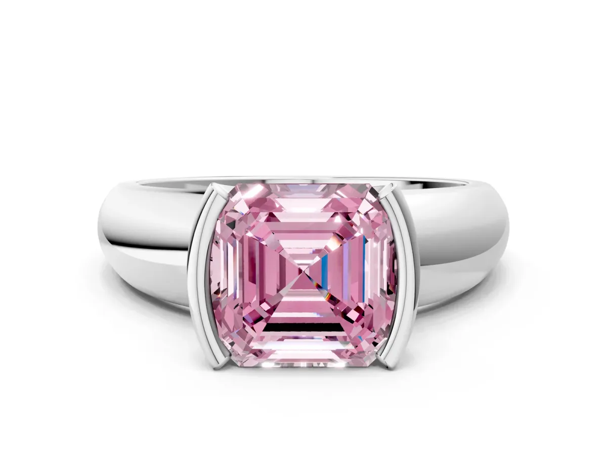 Fancy Pink Asscher Cut Solitaire Tension Set Diamond Ring with Wide Band Platinum