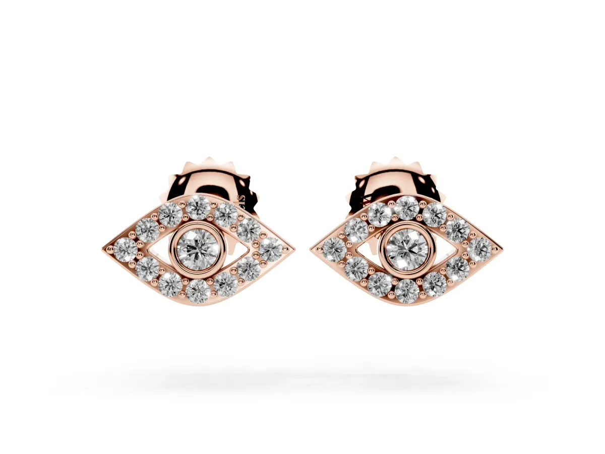 Round Diamond Bezel Center Evil Eye Stud Earrings Rose gold