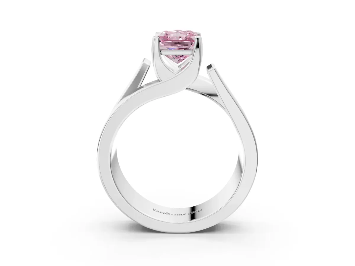 Fancy Pink Modern Tension Set Radiant Cut Diamond Solitaire Wide Band Ring Silver