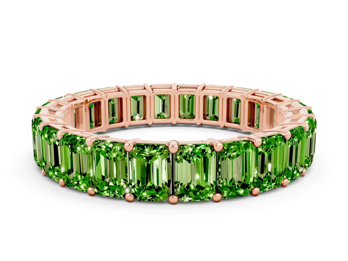 Emerald Cut Peridot Eternity Band with Shared Prong Setting Rose gold