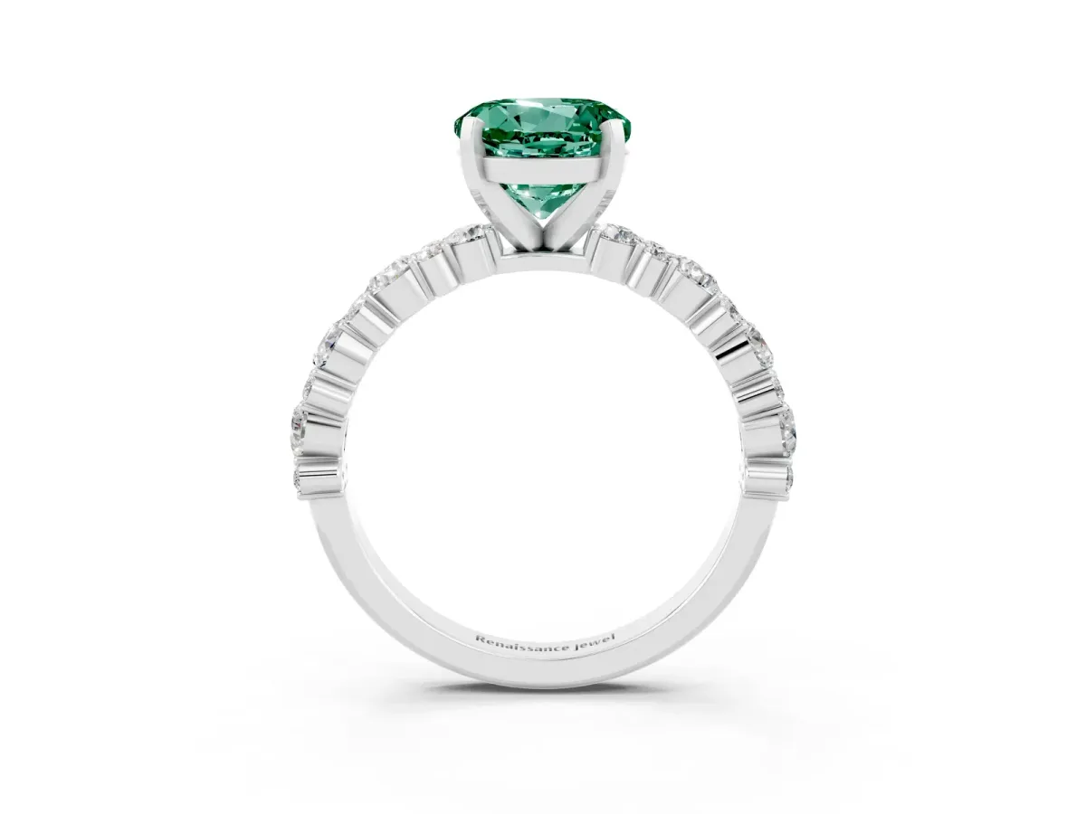Round Cut Green Sapphire Side Stone Solitaire Ring with Round and Four-Prong Setting Silver