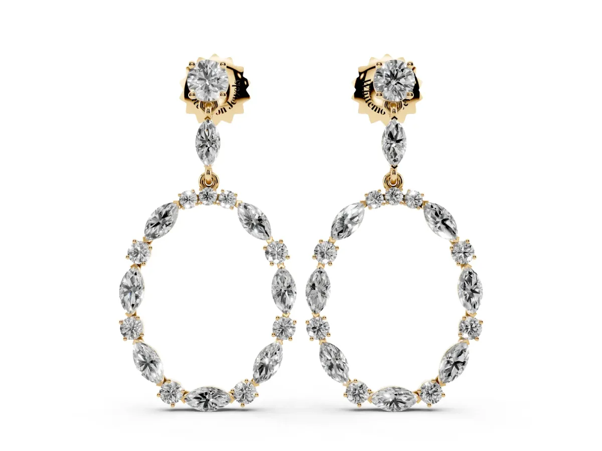 Round and Marquise Diamond Open Oval Drop Earrings Yellow gold