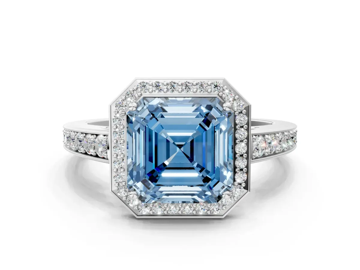 Fancy Blue Asscher Cut Halo Pavé Diamond Engagement Ring with Bezel Setting Silver
