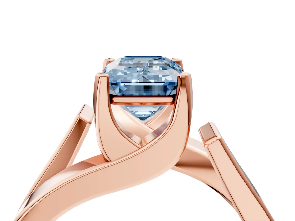 Fancy Blue Modern Tension Set Emerald Cut Diamond Solitaire Wide Band Ring Rose gold