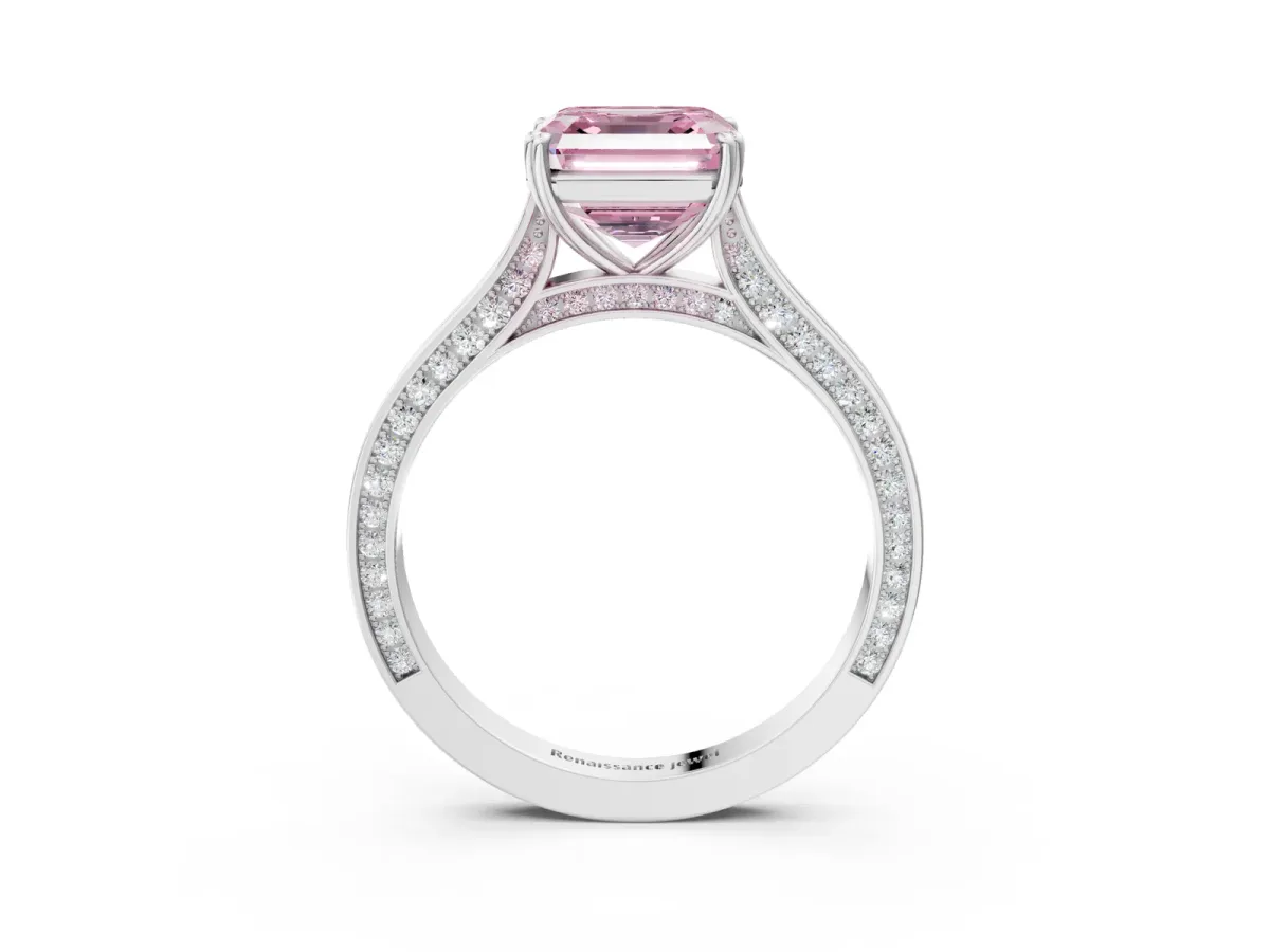 Fancy Pink Asscher Cut Diamond Solitaire with Pave Band and Six-Prong Setting Platinum