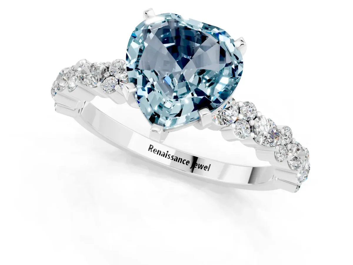 Heart Cut Aquamarine Side Stone Solitaire Ring with Round and Four-Prong Setting Platinum
