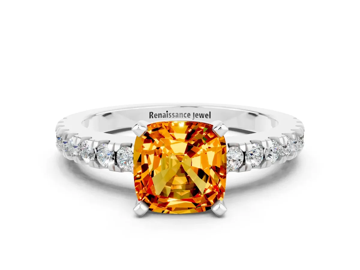 Cushion Cut Solitaire Citrine with Pavé Band and Four-Prong Setting Silver