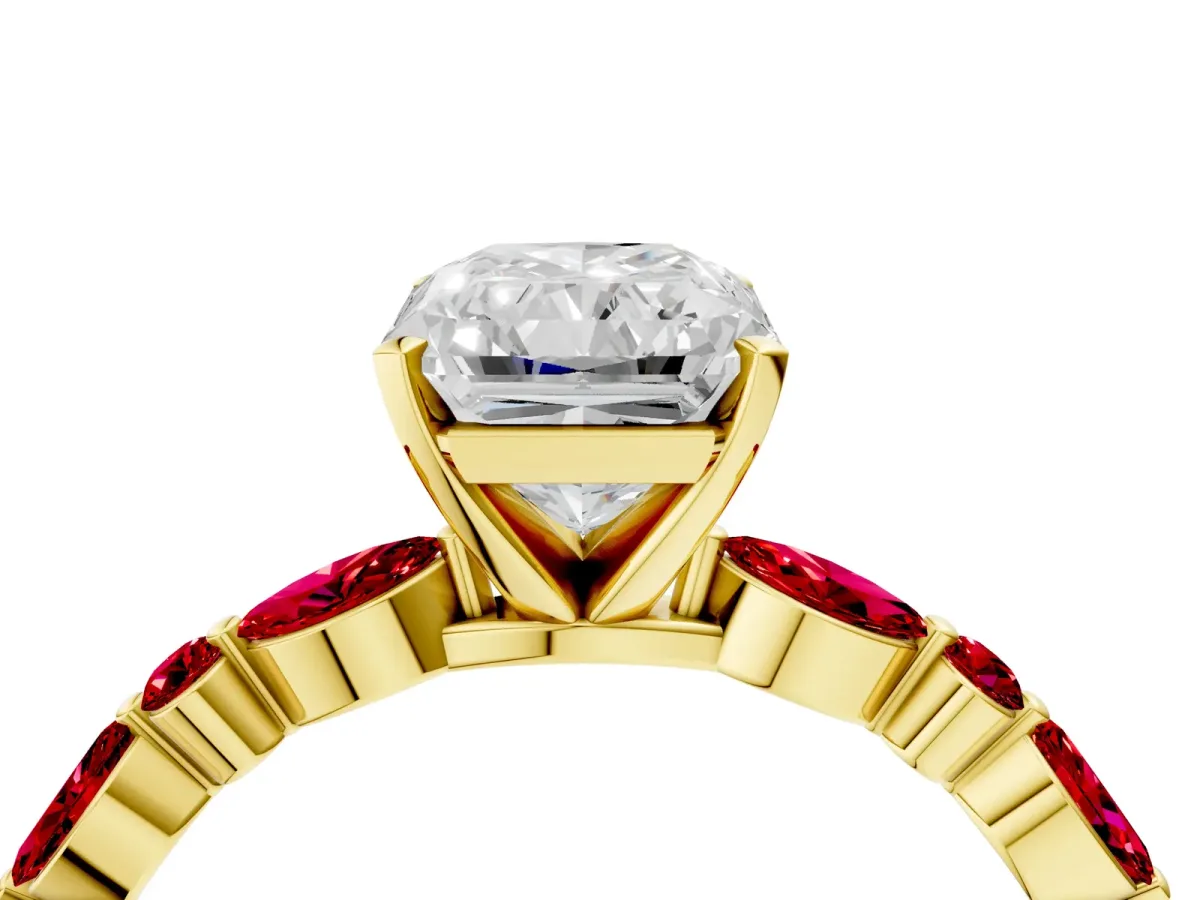 Radiant Cut Diamond Ring with Marquise and Round Ruby Side Stones and Four-Prong Setting Yellow gold