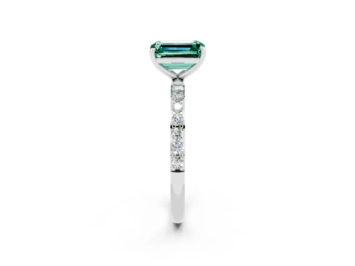 Emerald Cut Green Sapphire Solitaire Ring with Round Pavé Band and Prong Setting Platinum