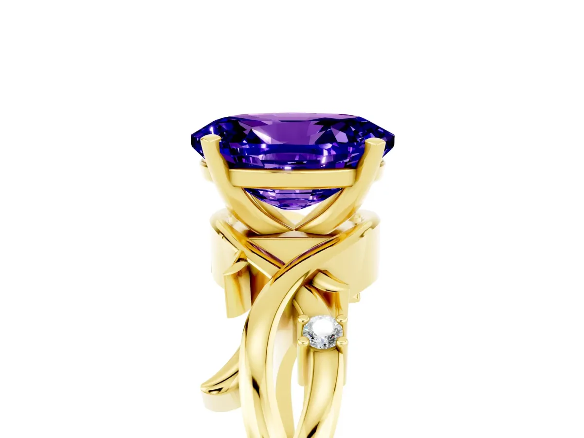 Oval Cut Tanzanite Solitaire Ring with Twisted Band and Prong Setting Yellow gold