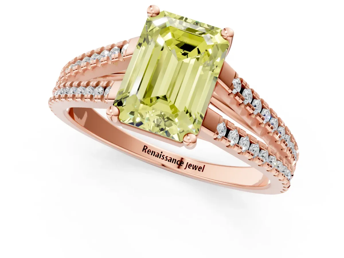 Fancy Yellow Emerald Cut Diamond Solitaire Engagement Ring with Split Shank Pavé Band Rose gold