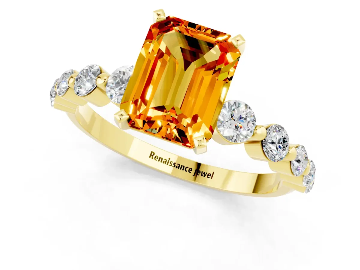 Emerald Cut Solitaire Citrine Ring with Pave Band and Four-Prong Setting Yellow gold