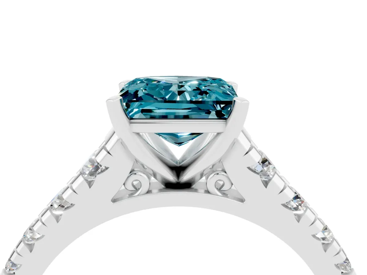 Princess Cut Blue Topaz Cathedral Solitaire Ring with Round Pavé Band Silver