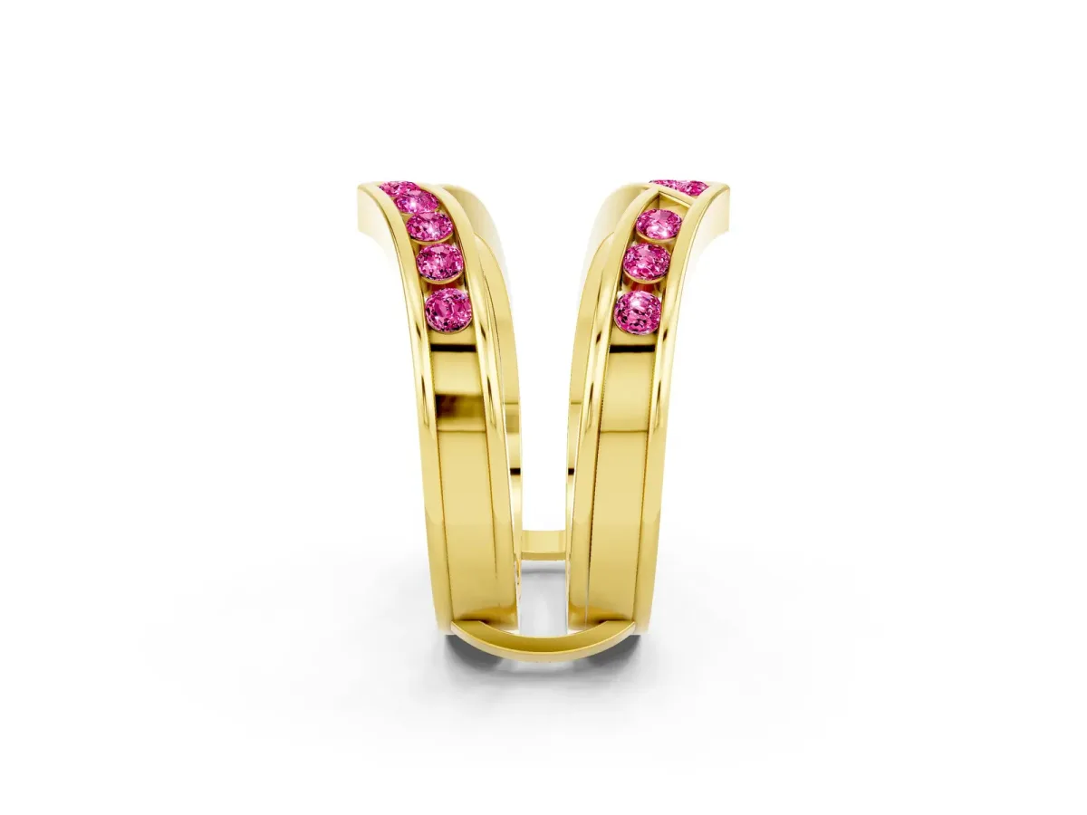 Round Pink Sapphire Channel-Set Chevron Band Yellow gold