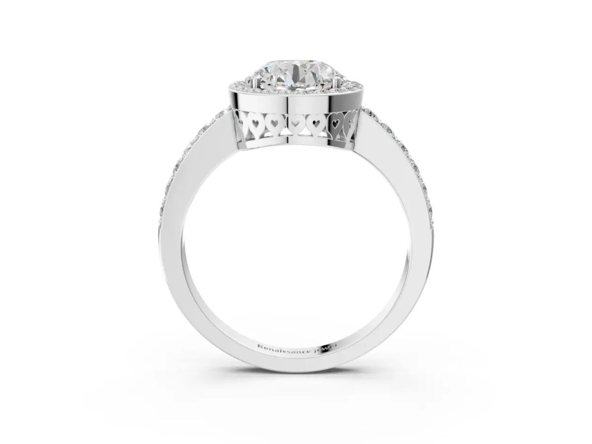 Round Cut Halo Diamond Pavé Band Ring with Prong Setting Platinum