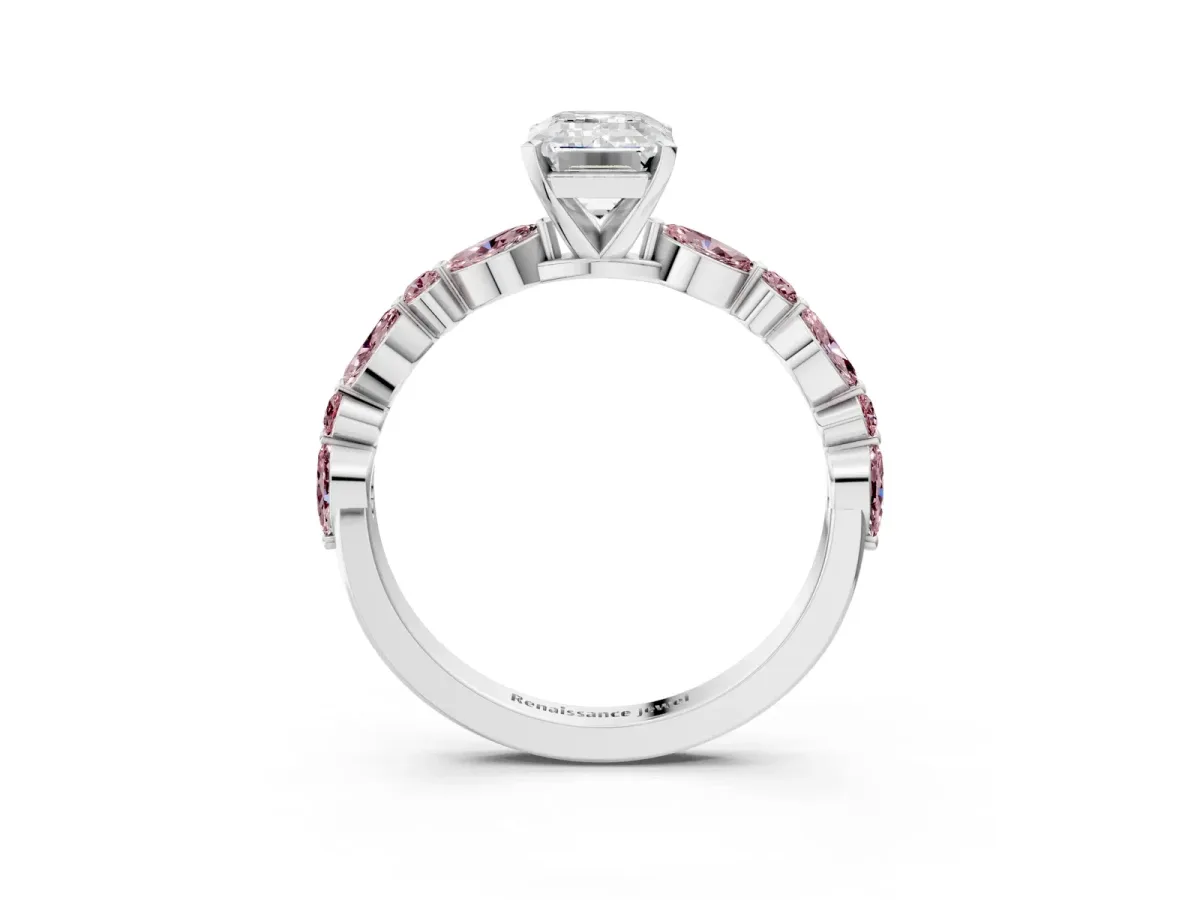 Emerald Cut Diamond Ring with Marquise and Round Morganite Side Stones and Four-Prong Setting Silver