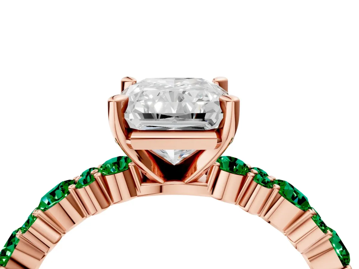 Radiant Cut Diamond Side Stone Solitaire Ring with Round Emerald and Four-Prong Setting Rose gold