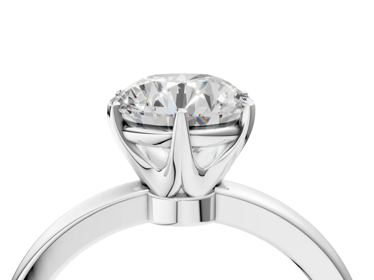 Round Cut Solitaire Diamond Ring with Six-Prong Setting on a Classic Band White gold