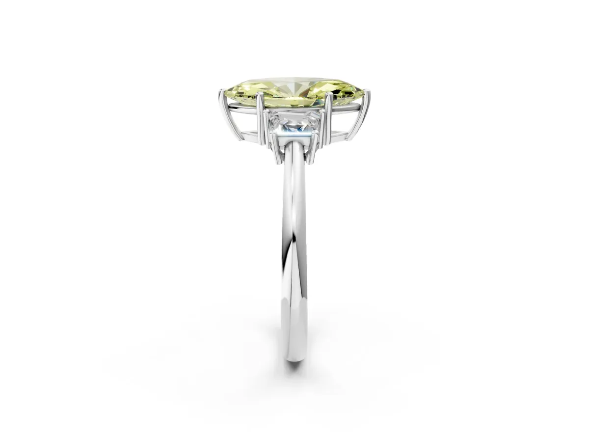 Fancy Yellow Marquise Cut Diamond Three-Stone Ring with Trapezoid Side Stones and Prong Setting Silver