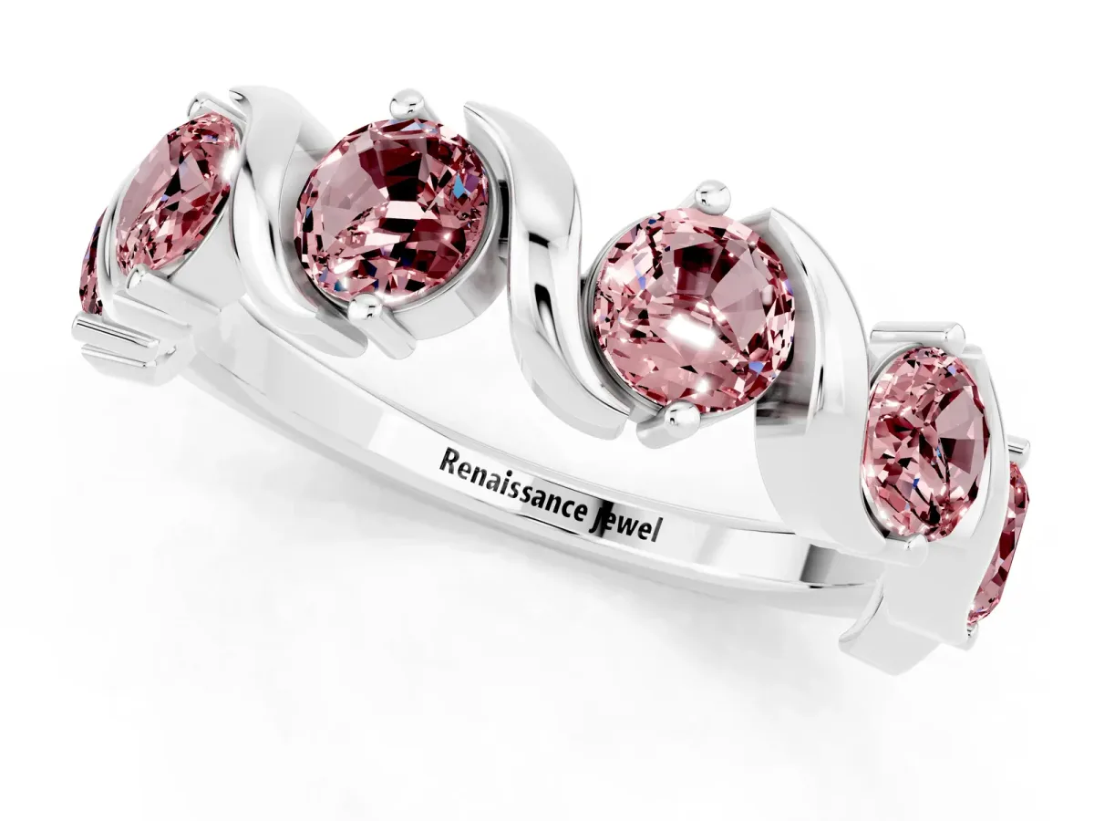 Round Morganite Half Eternity Band with Wave Prong Setting Platinum