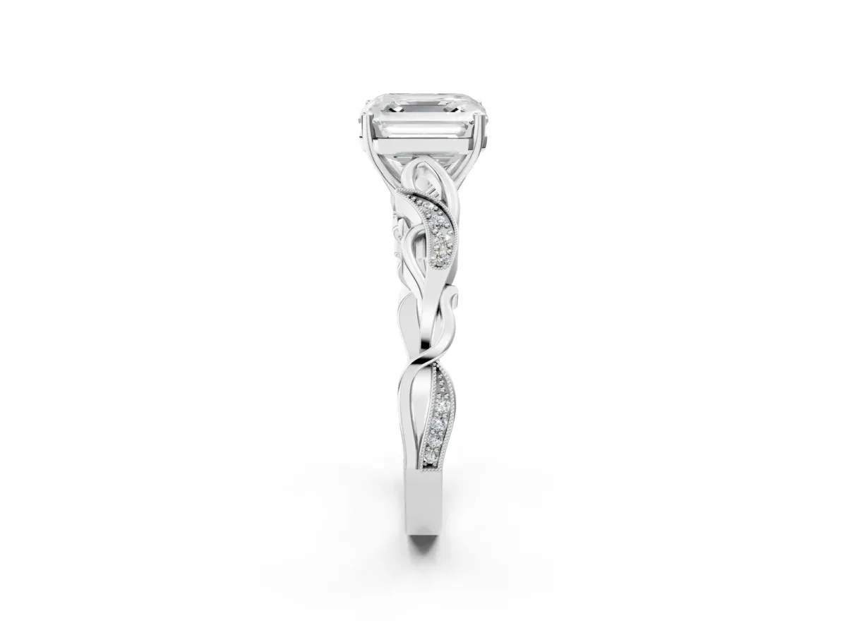 Asscher Cut Solitaire Vine Band with Milgrain Prong Setting Platinum