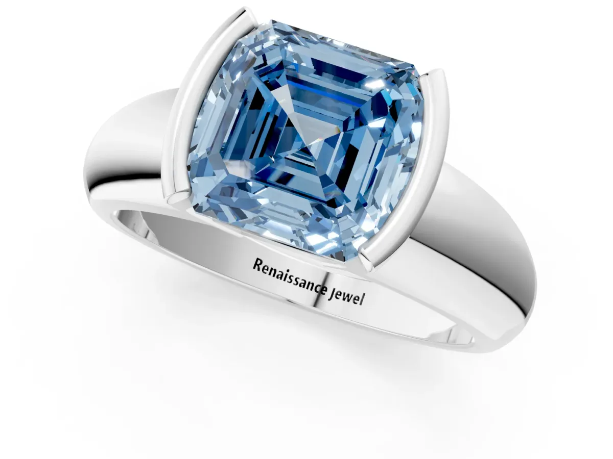 Fancy Blue Asscher Cut Solitaire Tension Set Diamond Ring with Wide Band Platinum
