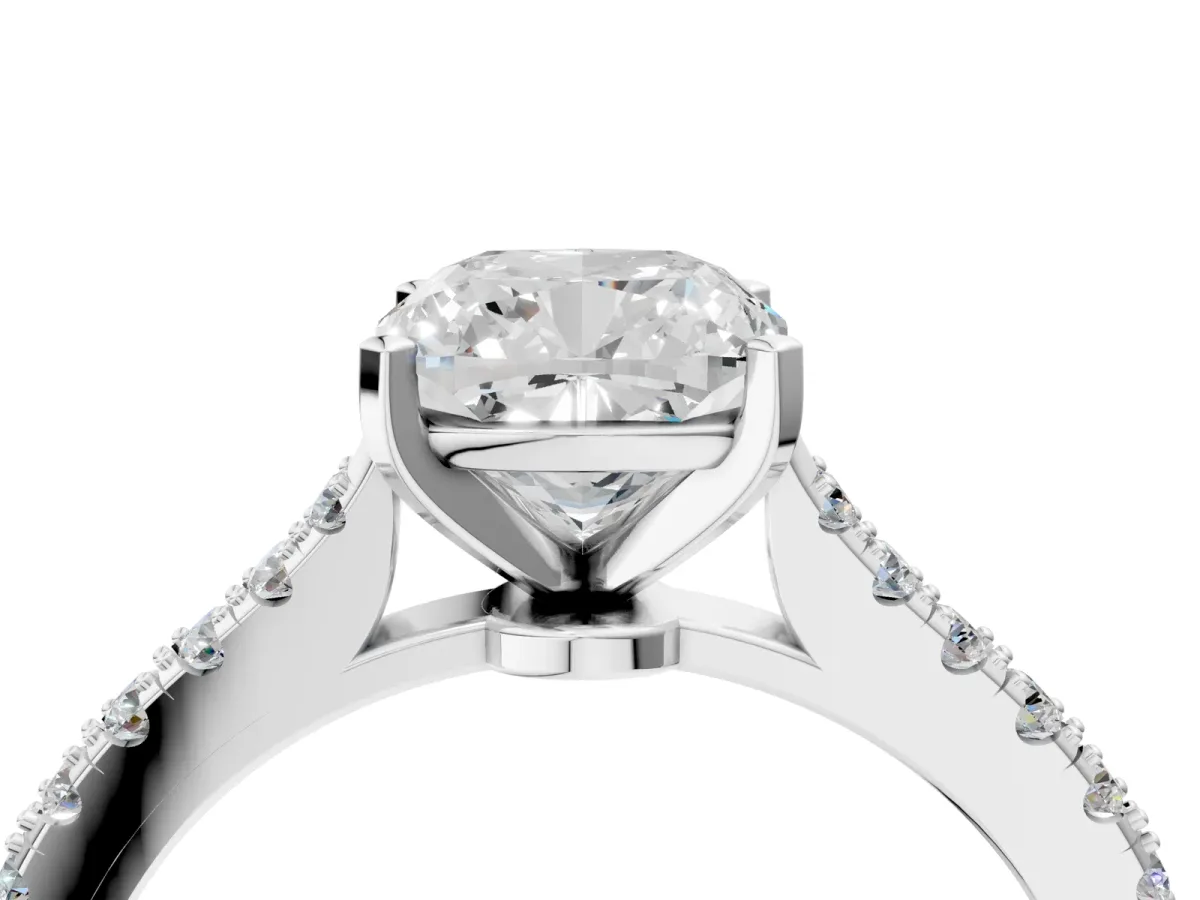 Cushion Cut Cut Solitaire Diamond Engagement Ring with Pave Band and Four-Prong Setting Silver