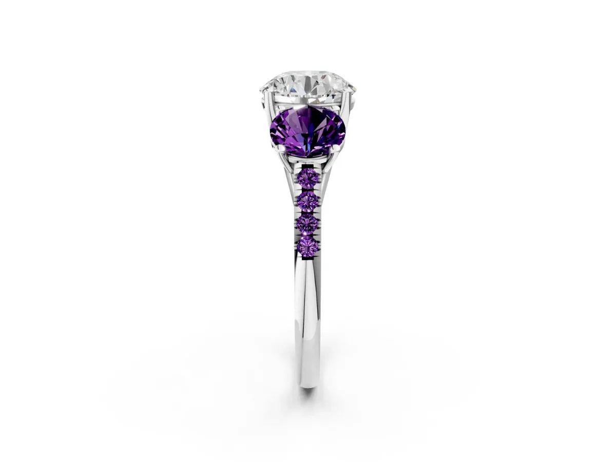 Three-Stone Round Cut Diamond Ring with Round Amethyst Pavé Band and Prong Setting Silver