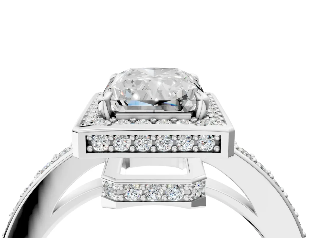 Radiant Cut Halo Pave Band Solitaire Ring with Prong Setting Platinum