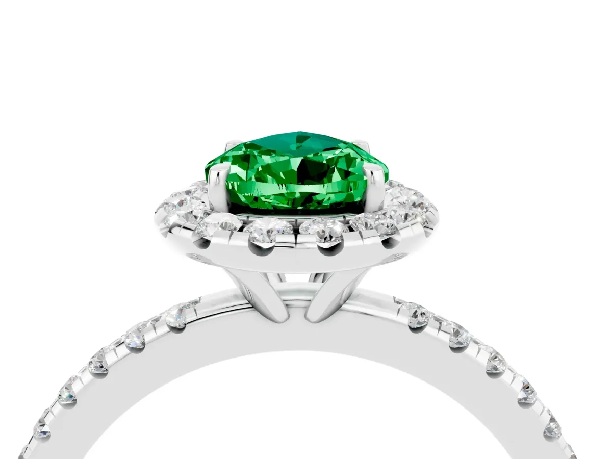 Pear Cut Emerald Halo Ring with Round Pavé Band and Prong Setting Platinum
