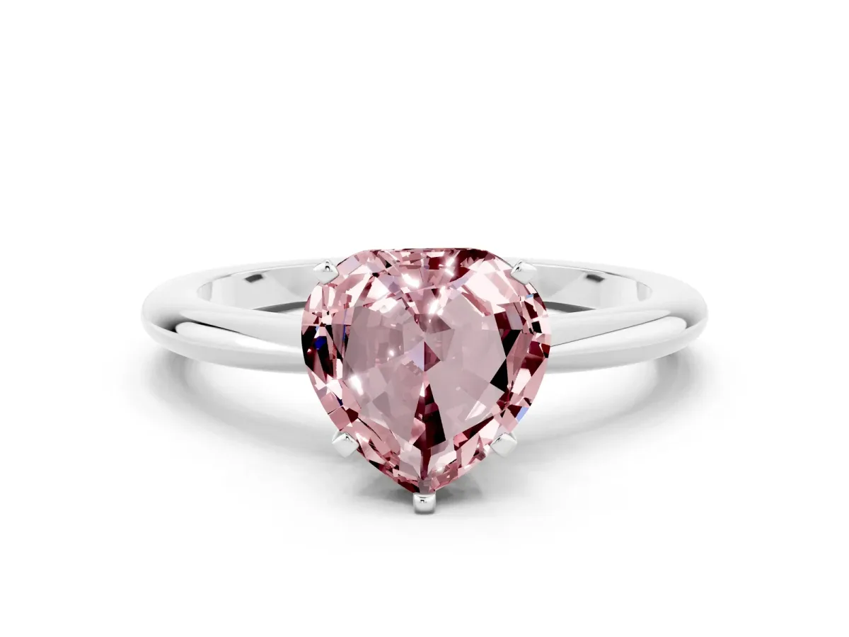 Heart Cut Morganite Solitaire Ring with Six-Prong Setting and Classic Band Silver